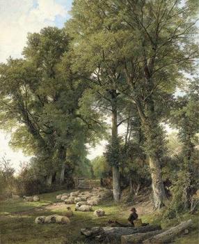 弗雷德裡尅 威廉 休謨 Sheep resting in a woodland glade, a traveller looking on
